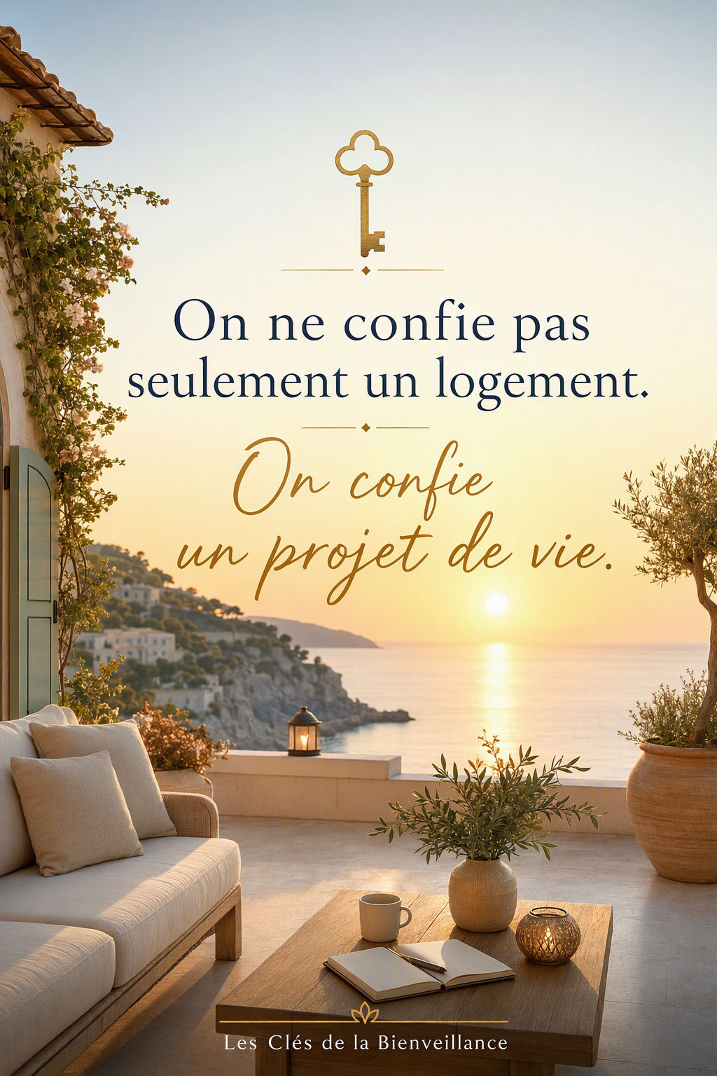 Terrasse ensoleillée au bord de la mer au coucher du soleil — On ne confie pas seulement un logement, on confie un projet de vie. Les Clés de la Bienveillance